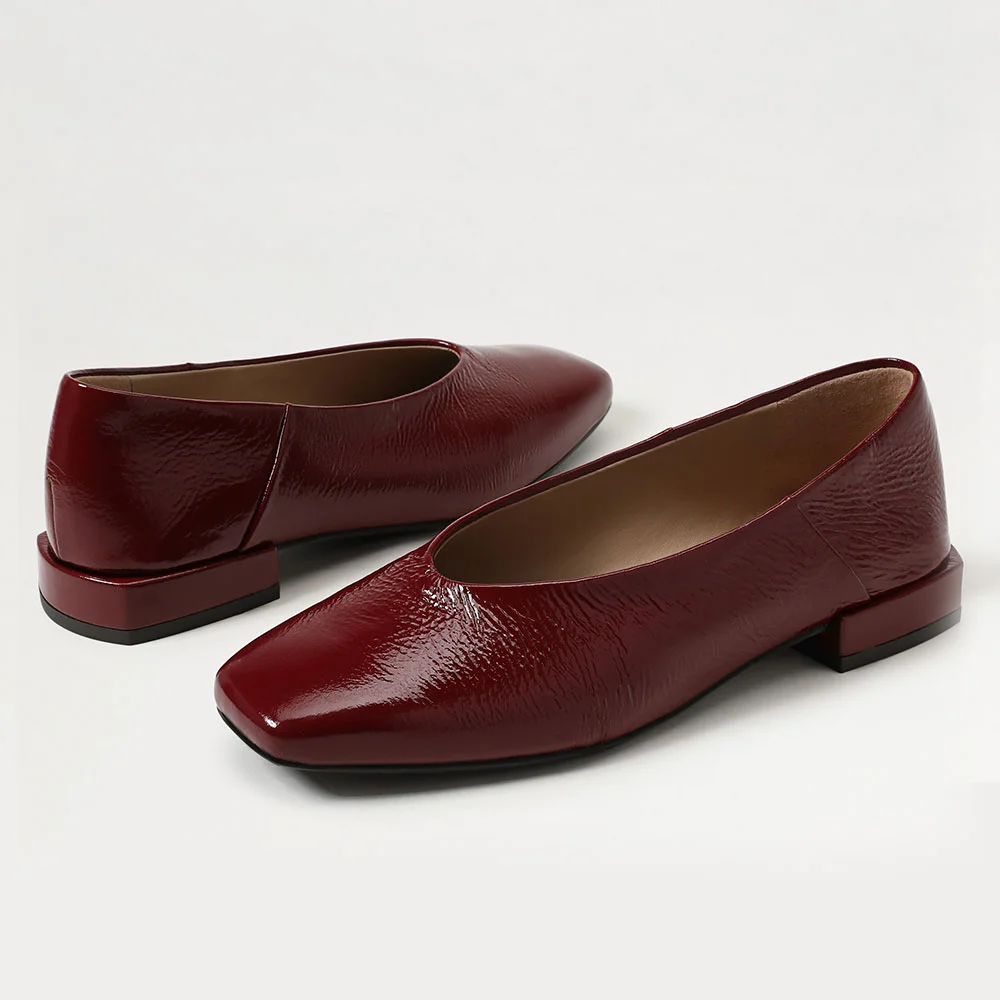 Maroon Square Toe Slip On Flat Women's Casual Business Shoes