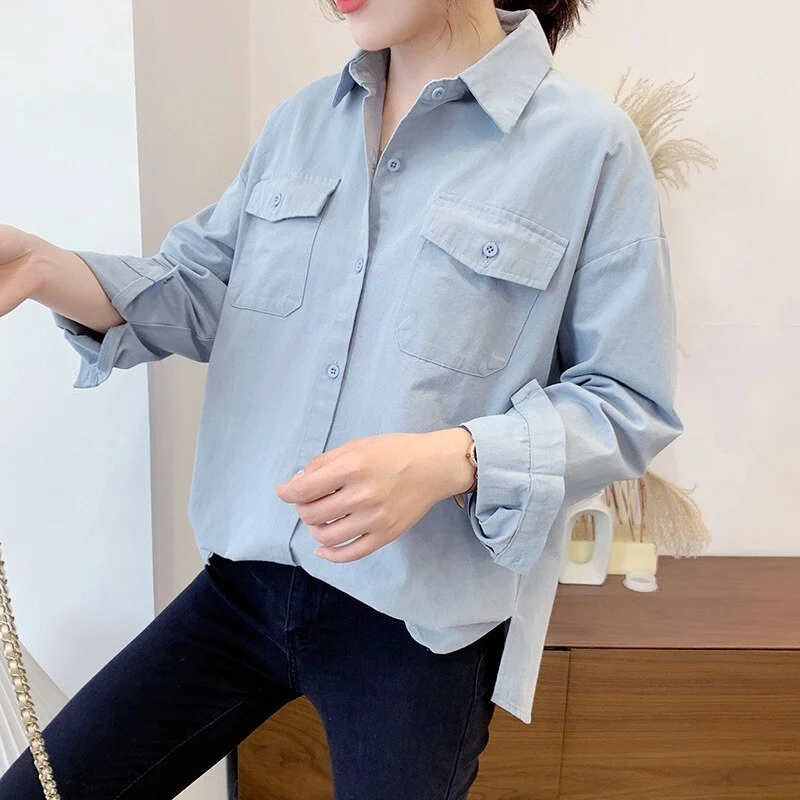 Loose Womens Shirts Autumn Blouses Casual Long Sleeve 100% Cotton Office Tops Blusas Female Clothes Double Pockets Solid Outwear