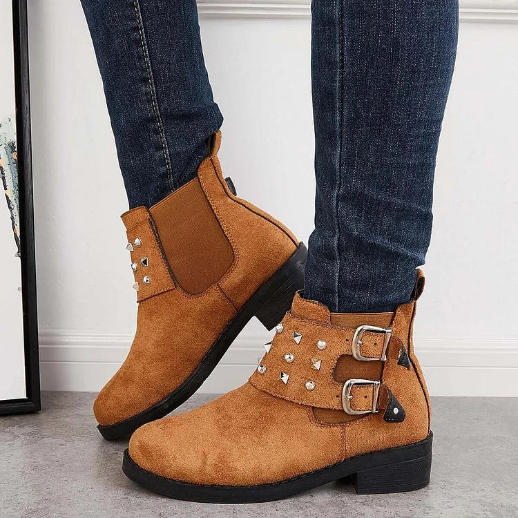 Suede Round Toe Chelsea Ankle Boots Rivet Flat Booties