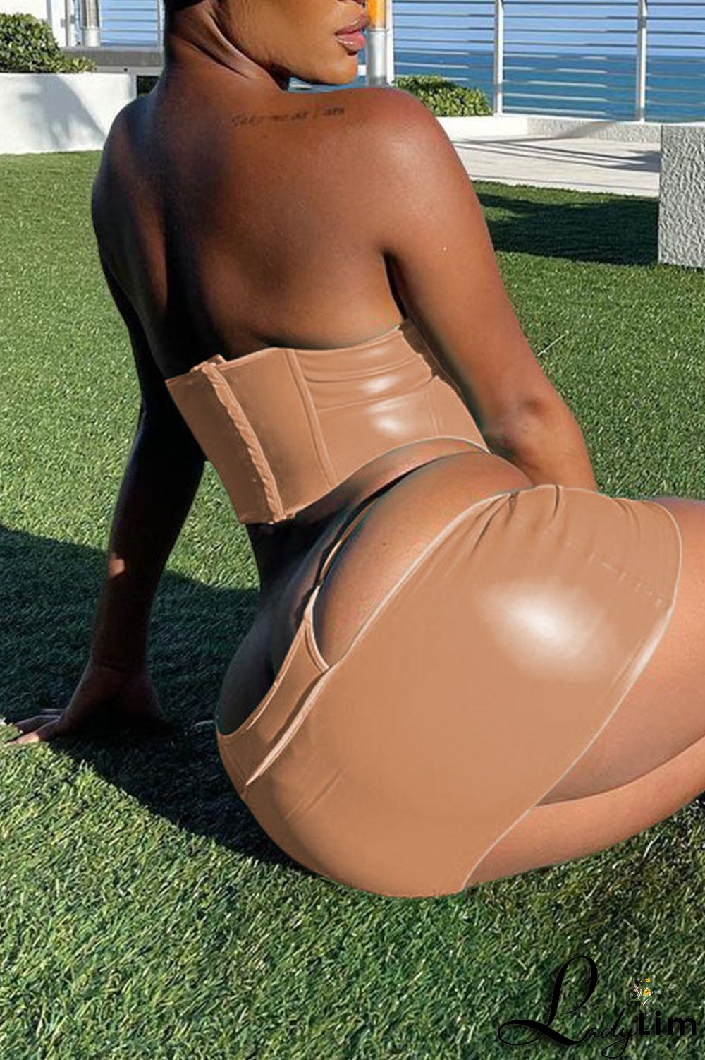 Khaki Sexy Solid Split Joint Asymmetrical Strapless Sleeveless Two Pieces