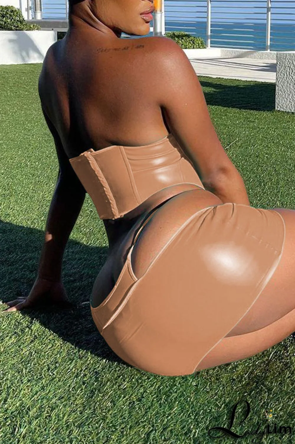 Khaki Sexy Solid Split Joint Asymmetrical Strapless Sleeveless Two Pieces