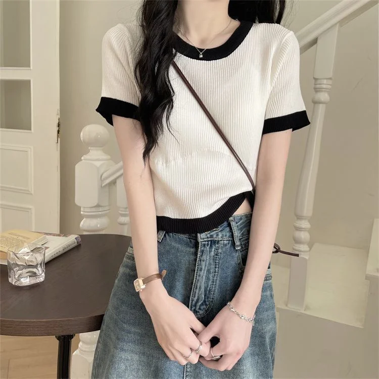 Uveng Uveng Clamming Color Splicing T-Shirts For Women's New Summer Fashion Slimming Thin-Sleeved Ice Silk Short-Sleeved Top Tide