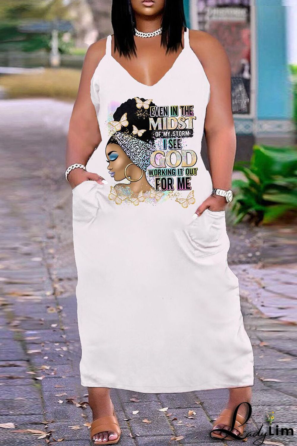 White Orange Sexy Casual Plus Size Print Backless V Neck Sling Dress