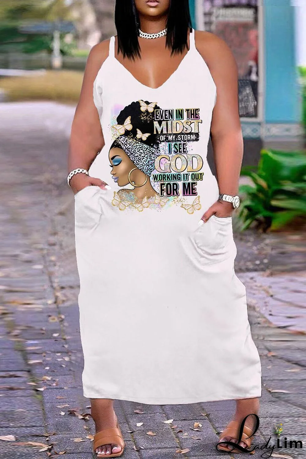 White Orange Sexy Casual Plus Size Print Backless V Neck Sling Dress