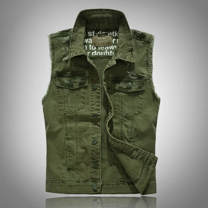 Casual Army Green Print Ripped Denim Vest
