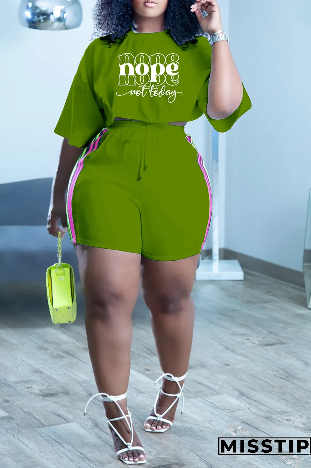 Green Casual Print Patchwork O Neck Short Sleeve Two Pieces