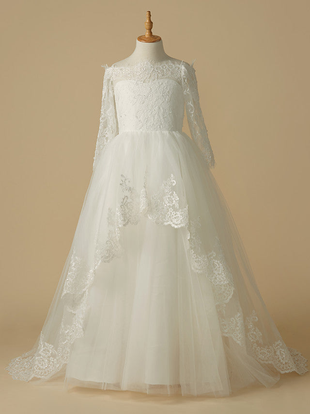 Oknass A-Line Half Sleeve Bateau Neck Flower Girl Dress Lace Tulle With Beading Appliques