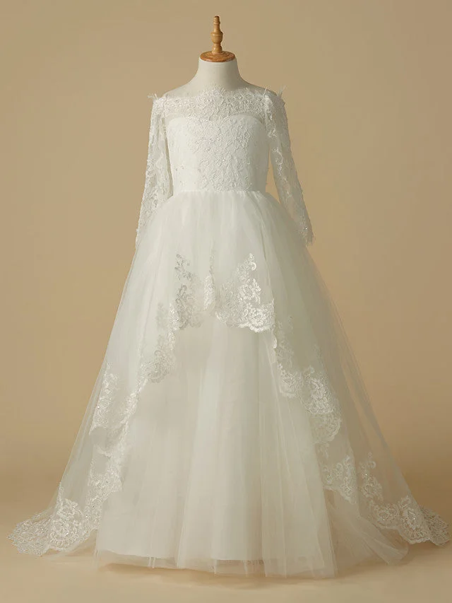 Daisda A-Line Half Sleeve Bateau Neck Flower Girl Dress Lace Tulle With Beading Appliques