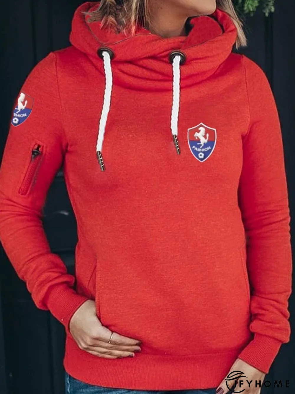 Red Cotton-Blend Long Sleeve Patchwork Hoodie Sweatshirt | IFYHOME