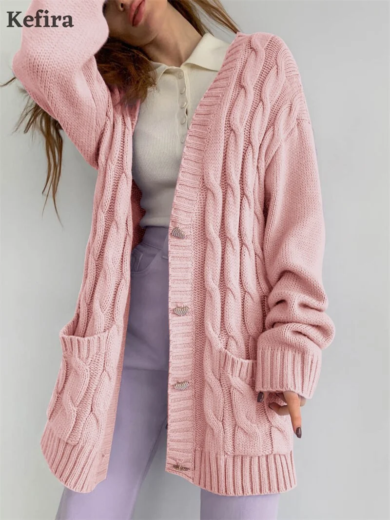 Kefira 2021 V Neck Cardigan For Women Knitted Long Sleeve Sweater Oversize Cardigan Autumn Winter Button Loose Casual Jumper