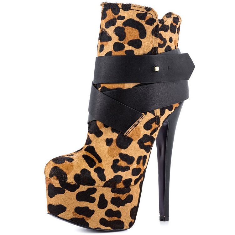 Leopard Booties Crisscross Strap Cheetah Haircalf Platform Boots |FSJ Shoes