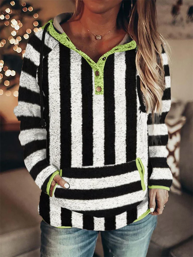 Halloween Horror Movie Inspired Striped Contrast Button Up Cozy Hoodie