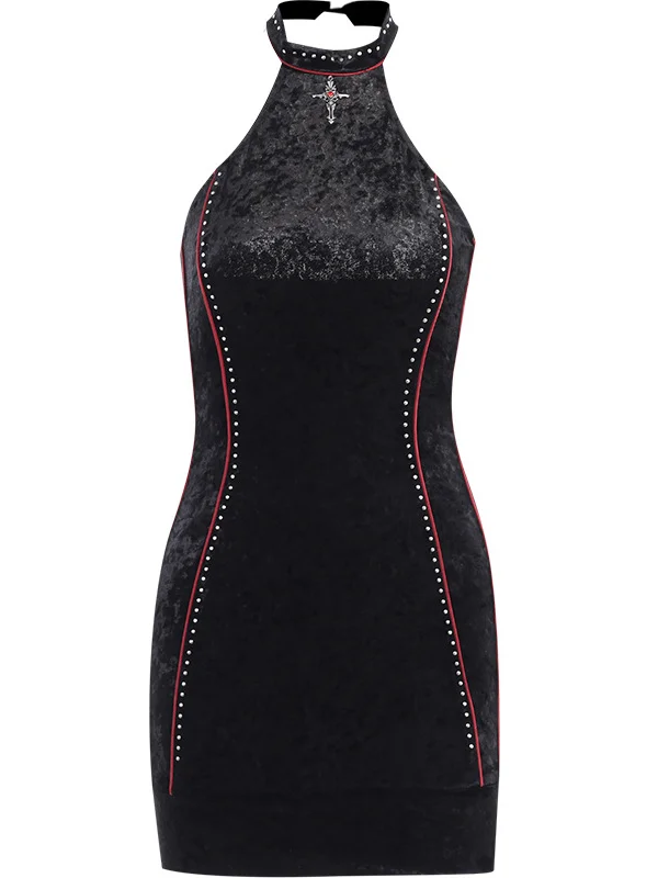 Sexy Bodycon Sleeveless Halter Velvet Cross High-rise Mini Dress