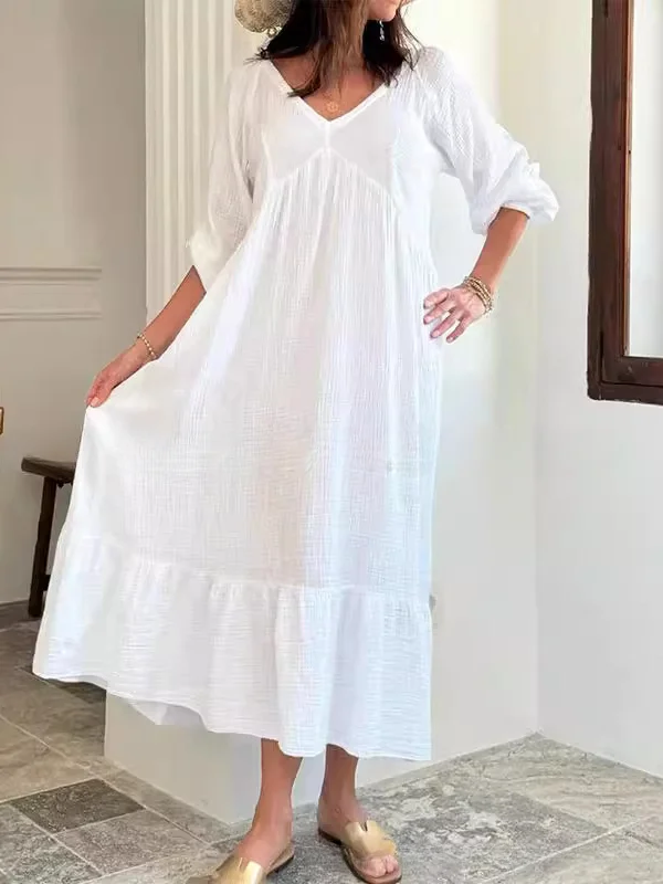 Women's summer pure cotton double layer cotton gauze midi dress socialshop