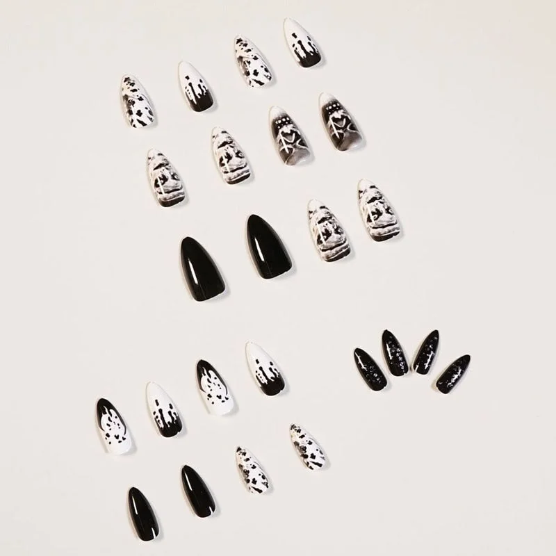 24pcs/set Punk Skull Pattern Fake Nails Pre-design Black Stiletto Full Cover Nail Accessory False Nails with Glue Faux Ongles-Nail Inspo