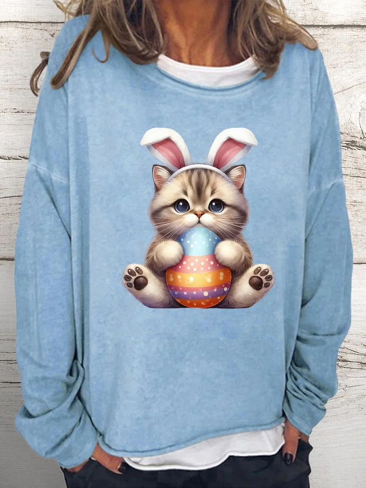 Happy Easter from cat with bunny headband Women Loose Sweatshirt-0025238