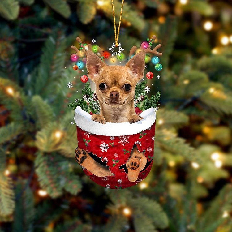 TAN Chihuahua  In Snow Pocket Christmas Ornament