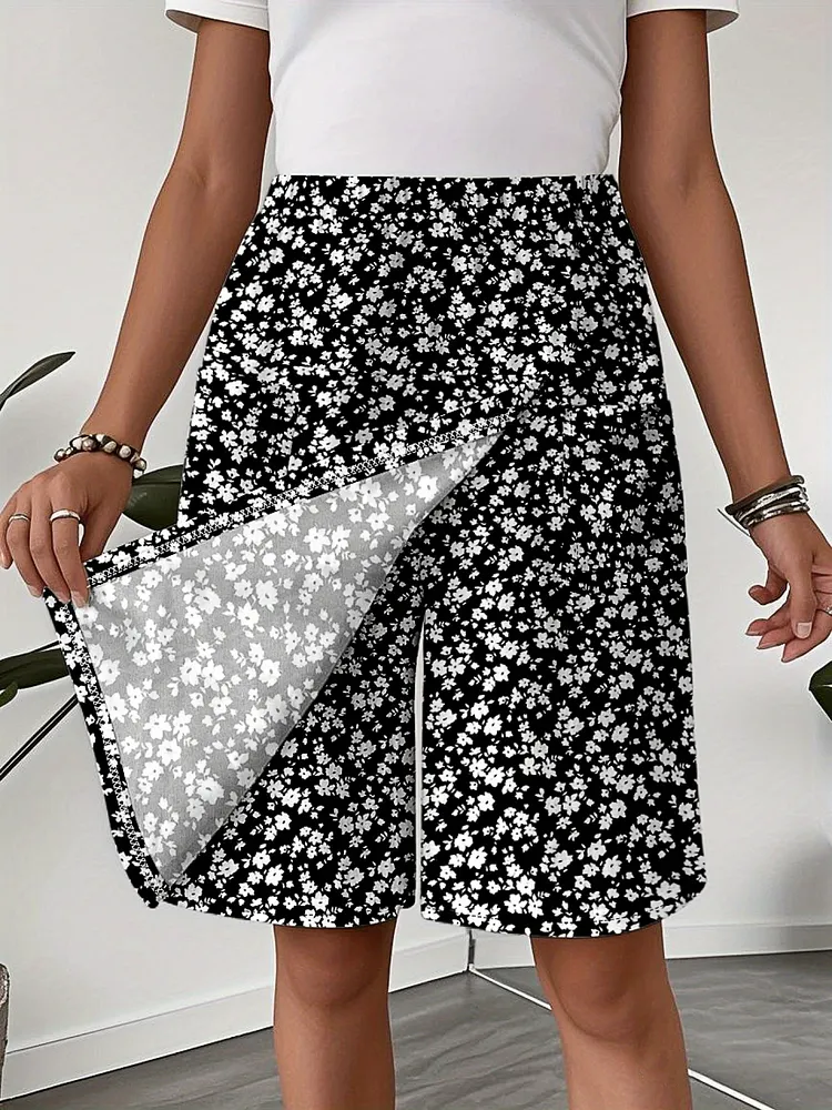 Womens Summer Elegant Black White Small Floral Print Elastic Waist Wide Leg Skirt Pants