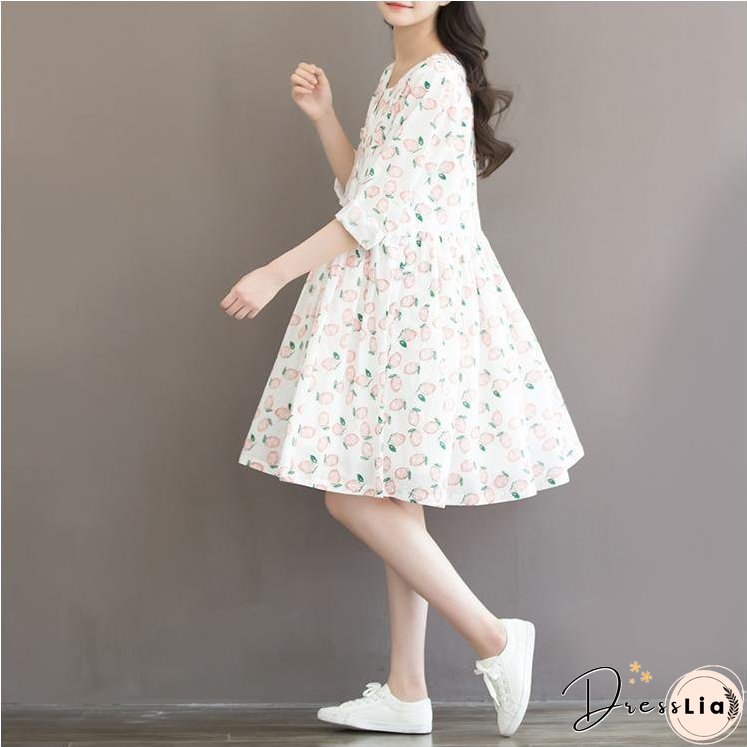 Sweet peach print cotton dress loose casual style traveling dresses