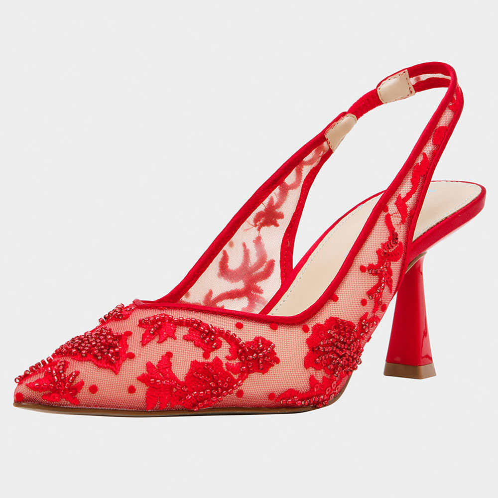 Red Slip-On Beads Pointed Toe Flared Heel Slingback Pumps with Sequins Nicepairs