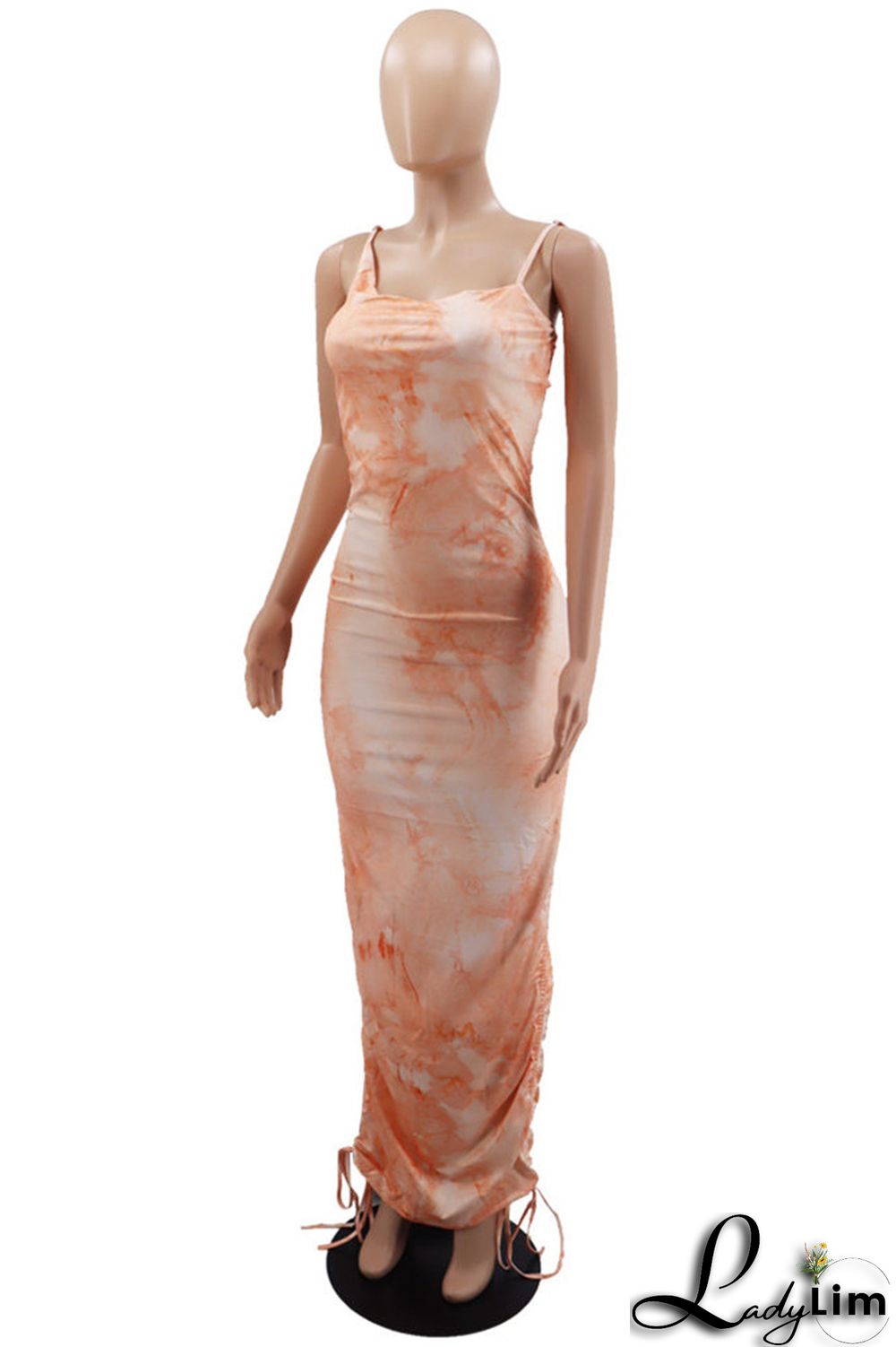 Orange Fashion Sexy Print Tie Dye Draw String Backless Spaghetti Strap Long Dress