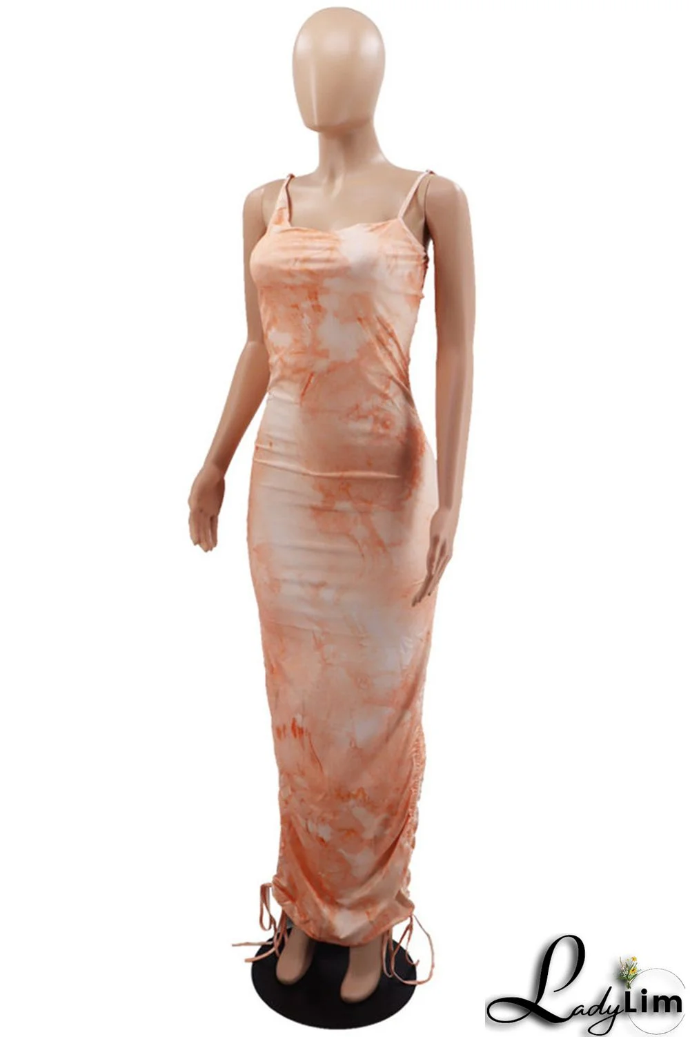 Orange Fashion Sexy Print Tie Dye Draw String Backless Spaghetti Strap Long Dress