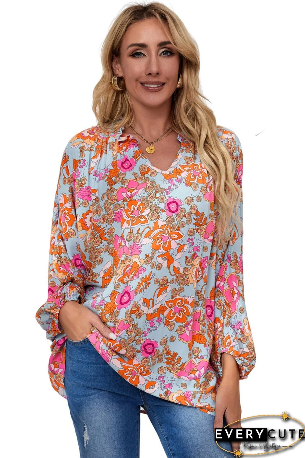 Sky Blue Floral Print Loose Fit Ruched V Neck Blouse