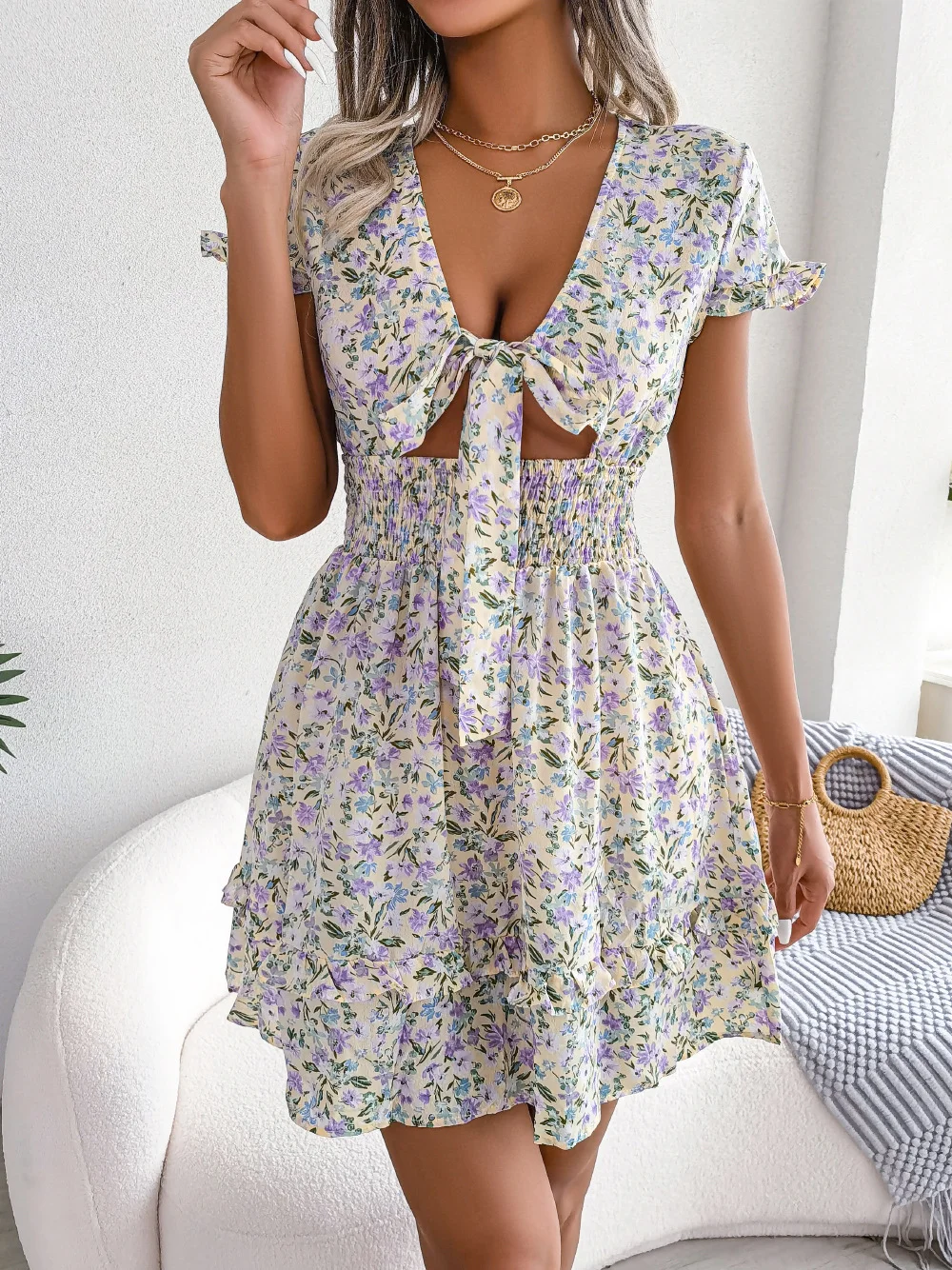 Elegant Floral Print Dress For Women Summer Dresses New V-Neck Chic Hollow Lace-up Flared Sleeve Ruffle Mini Dress