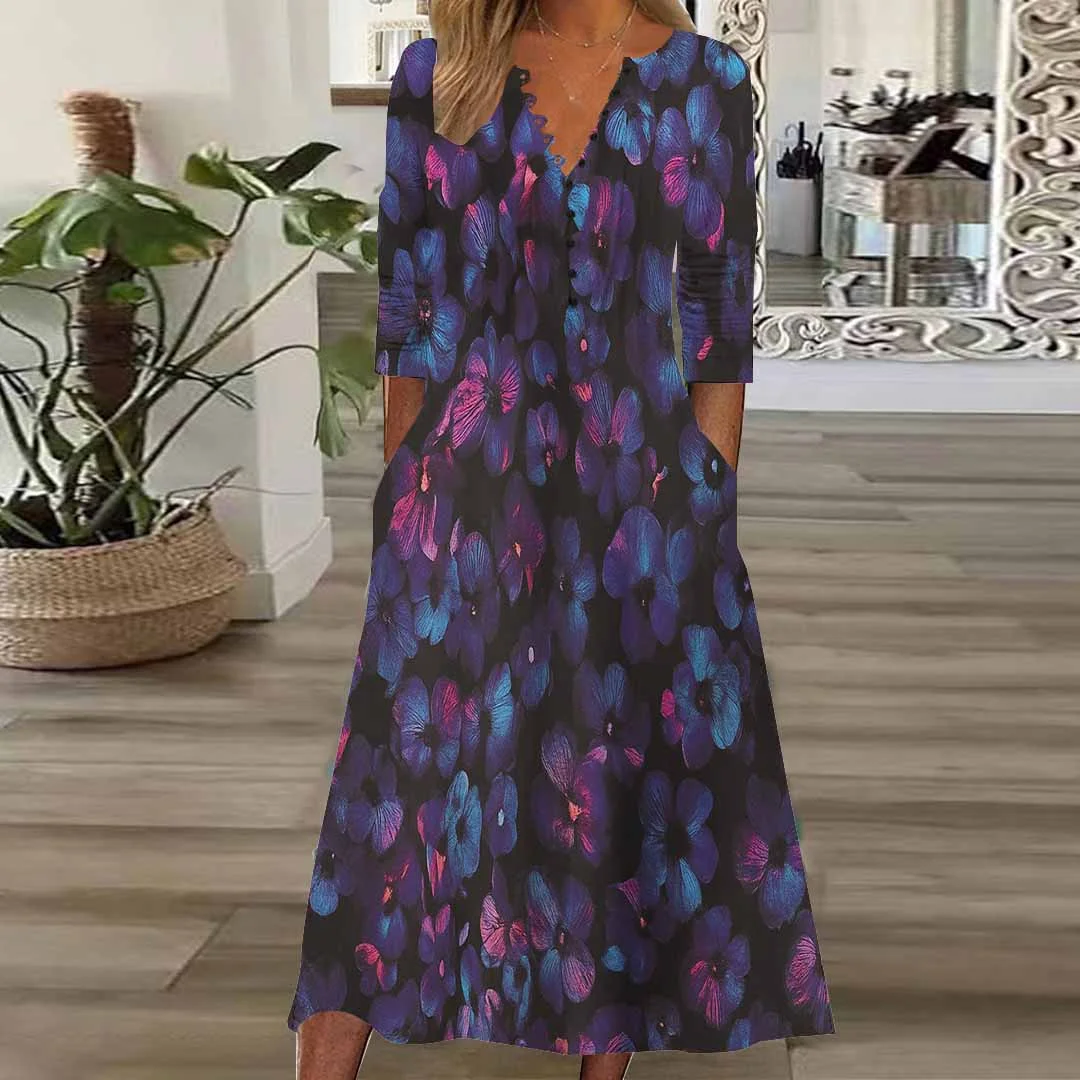 Women Floral,Blue DZHB8176 Long Sleeve V-Neck Graphic Printed Midi Dress