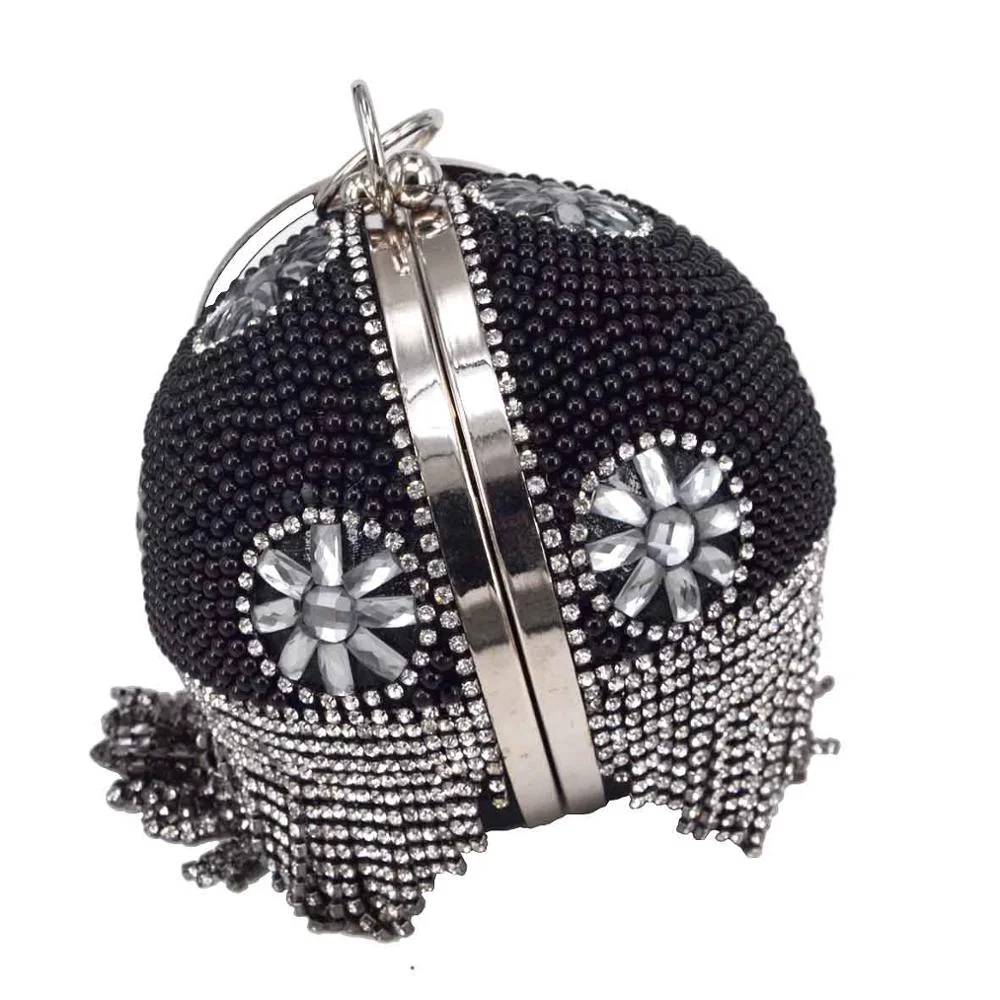Bowling Design Pearl Clutch Bag circular ring Wristlets Bag Women Party Evening Bag Crystal tassels Ball Female wallet XQ-15