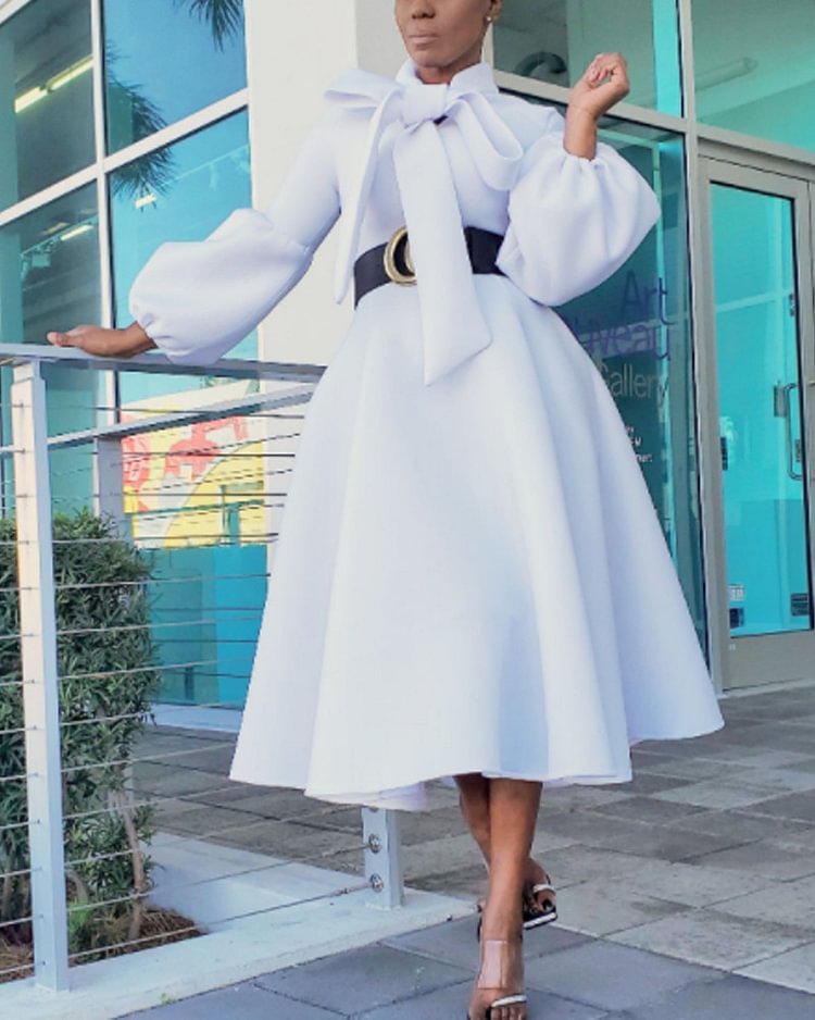 Lantern Sleeve Bow Knot Oversized Dress with Swing QueenFunky