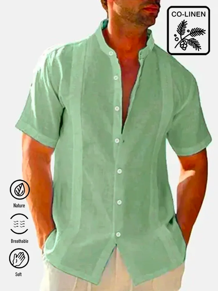 Casual Cotton Linen Stand Collar Short Sleeve Men's Shirt
