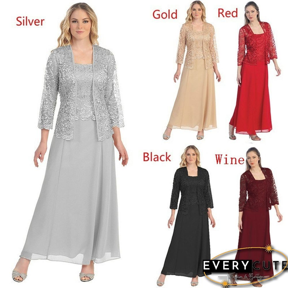 New Women lace cardigan and chiffon maxi skirt Two-piece Ladies Fashion Long Chiffon Dress Mother of Groom Dress with Lace Long Sleeve