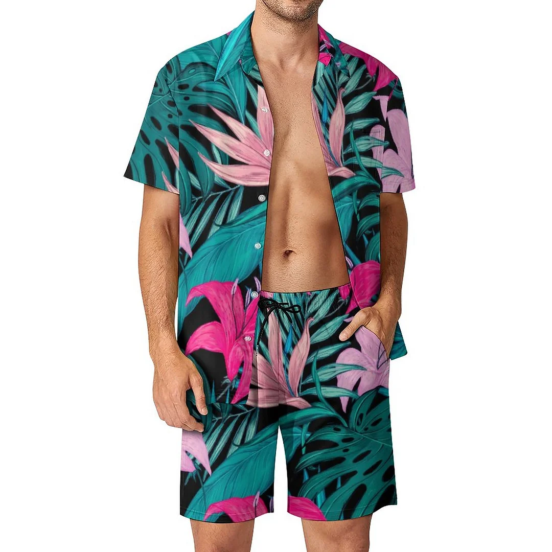 Elegant Tropical Hibiscus Flowers And Leaves Men Hawaiian Button Down 2 Piece Shirt Shorts Set Beach Tropical Hawaii Suits