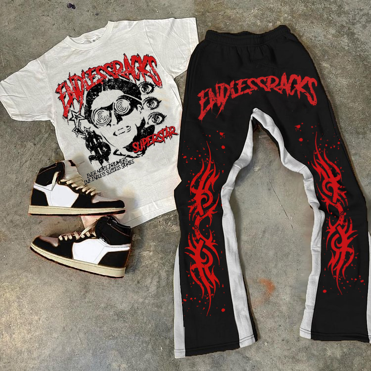 Personalized Heartless Girl & Letters Print Graphic Short Sleeve Tee & Flared Trousers Two Piece Set