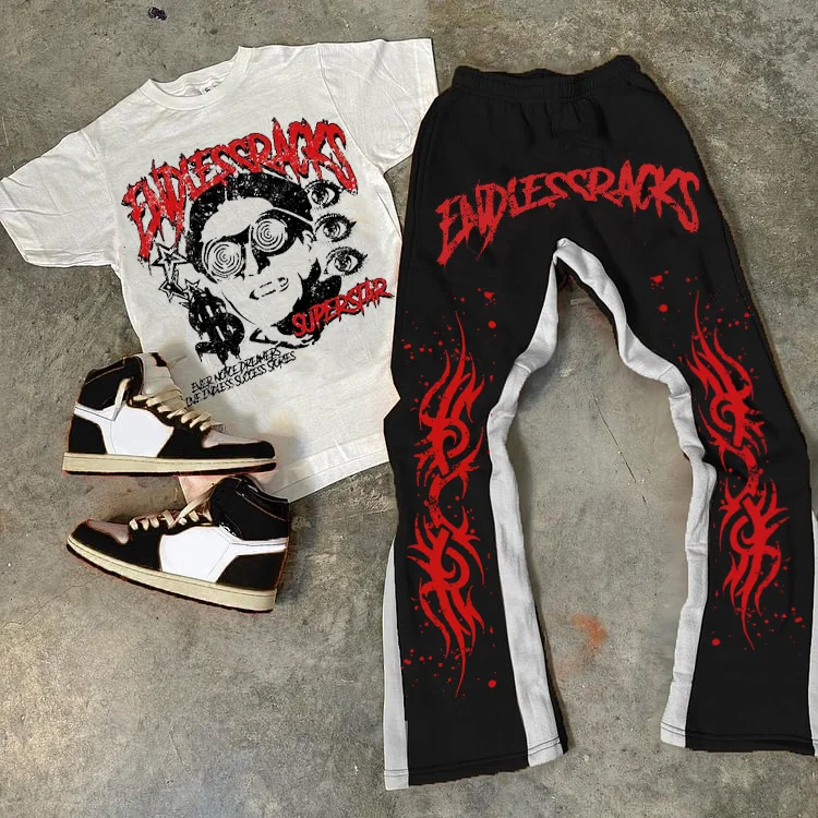 Personalized Heartless Girl & Letters Print Graphic Short Sleeve Tee & Flared Trousers Two Piece Set