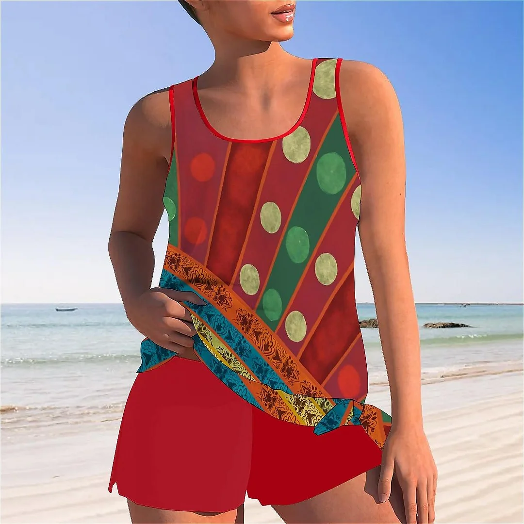 Bowknot Graphic,Red,Green Mid Waisted Tankini Set - Plus Size Available