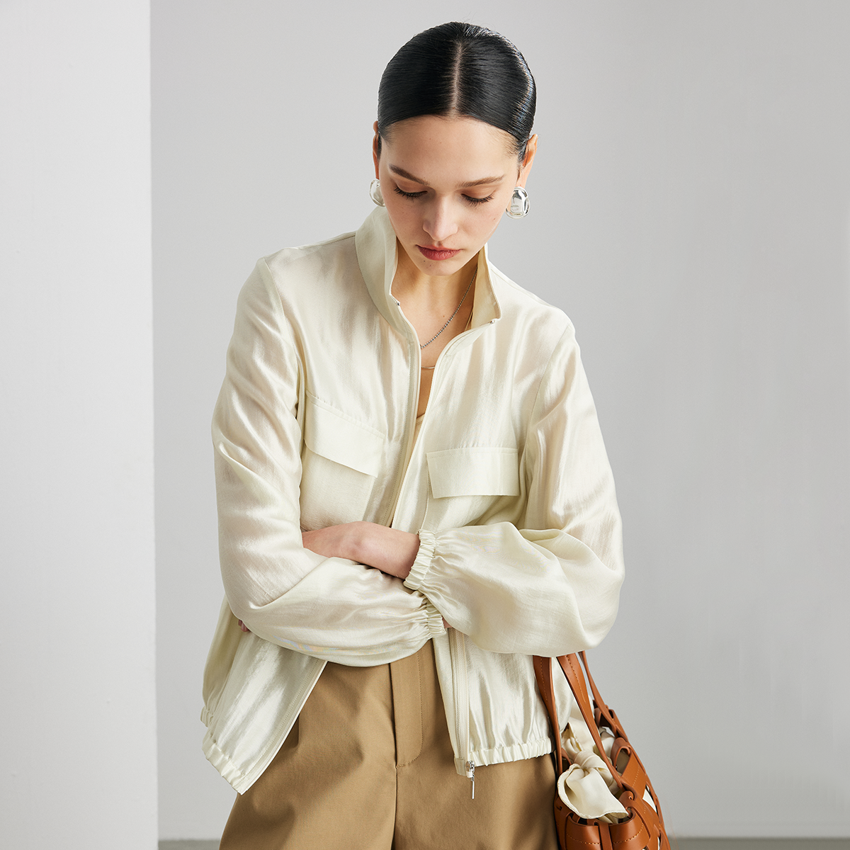 Silk Jacket Stand Neck Zipper Closure for Daily REAL SILK LIFE