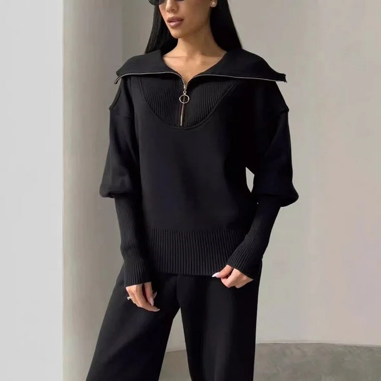 💃Unlock Style & Comfort- Half-zip lapel top and matching joggers