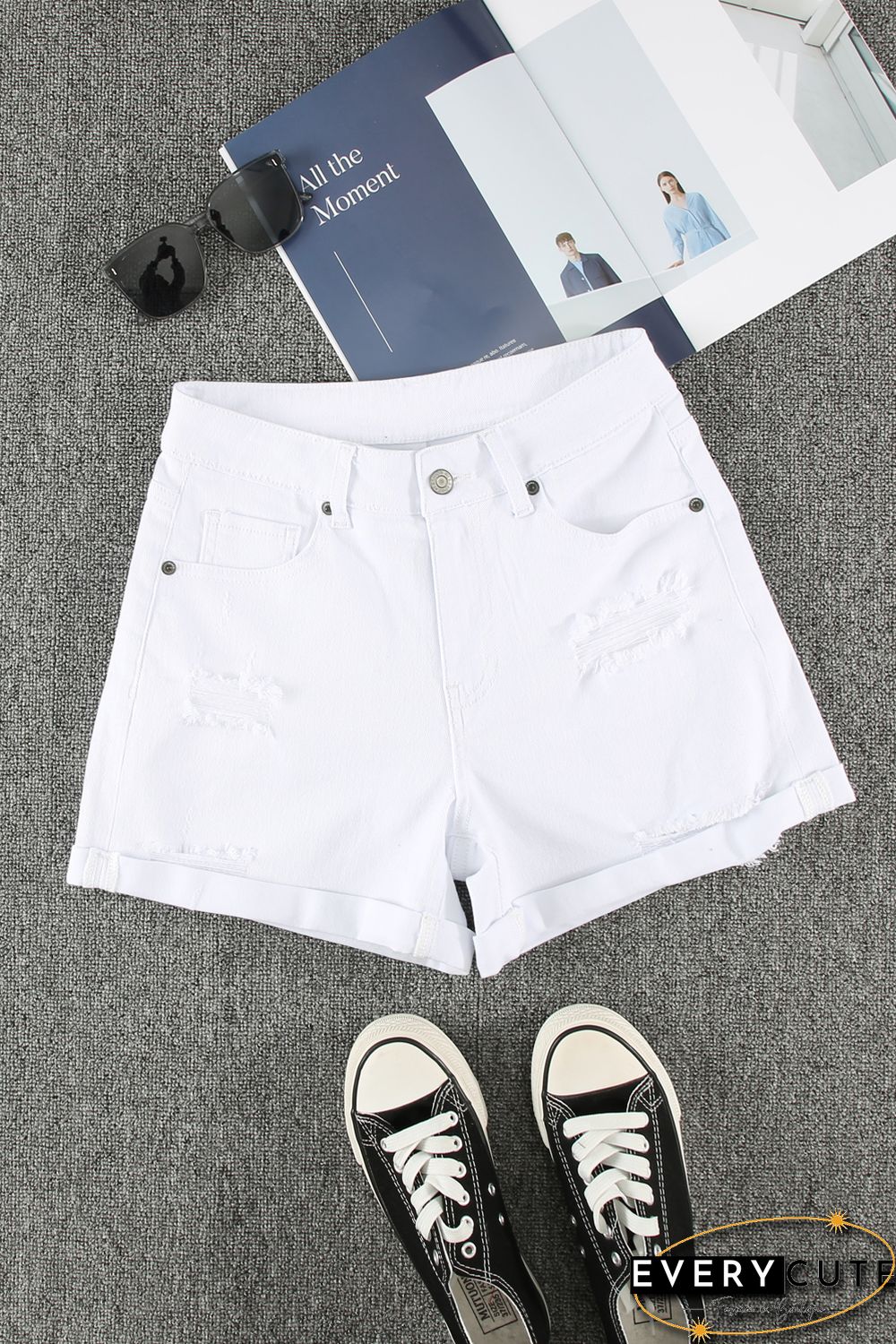 White Rolled-up High Waist Distressed Denim Shorts