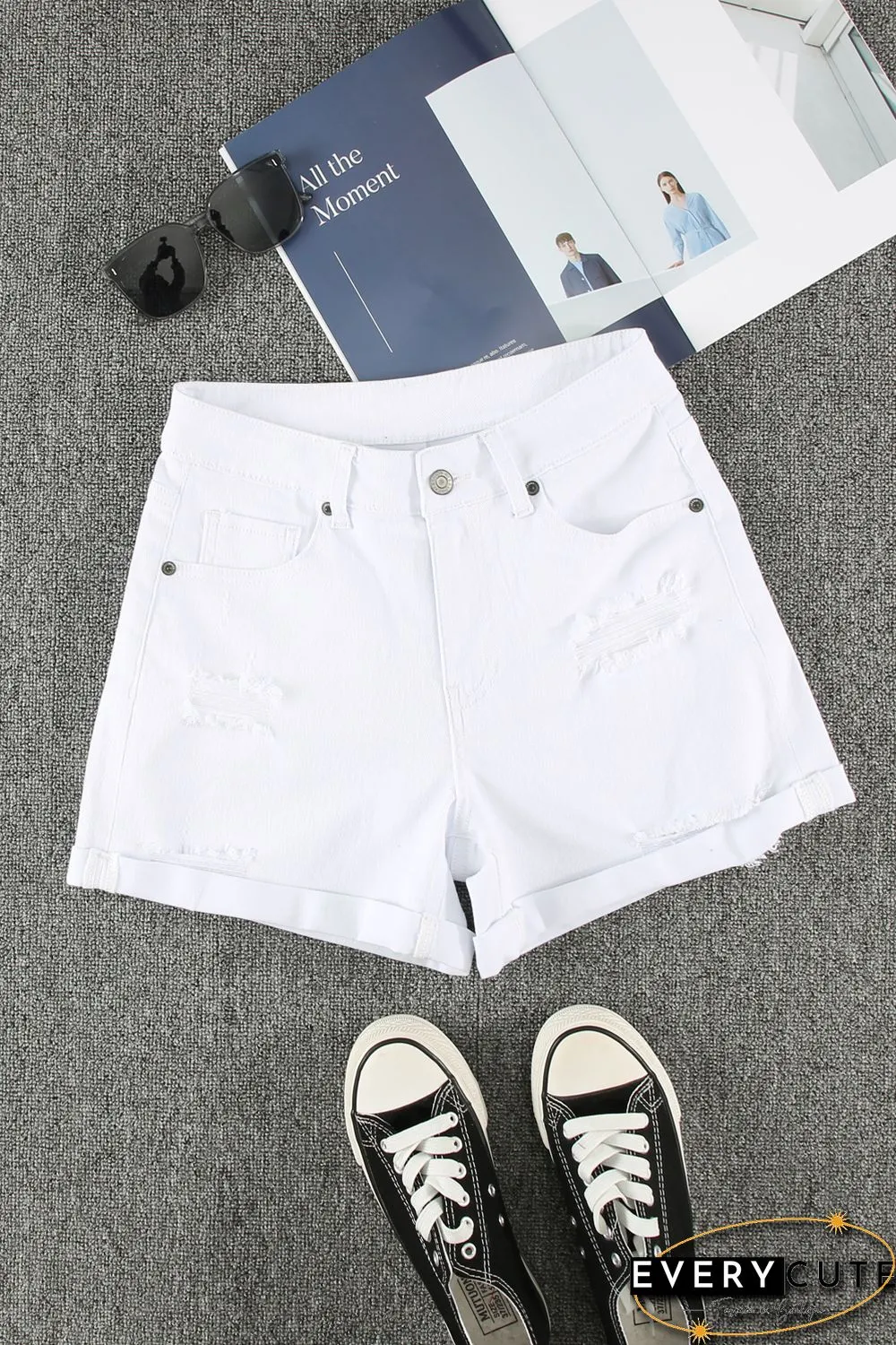 White Rolled-up High Waist Distressed Denim Shorts