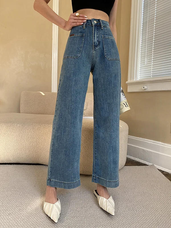 Casual High Waisted Wide Leg Solid Color Jean Pants Bottoms