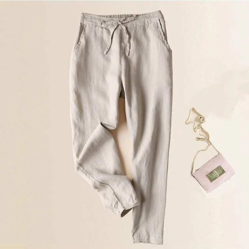 Vintage Solid Cotton Linen Pocket Casual Pants