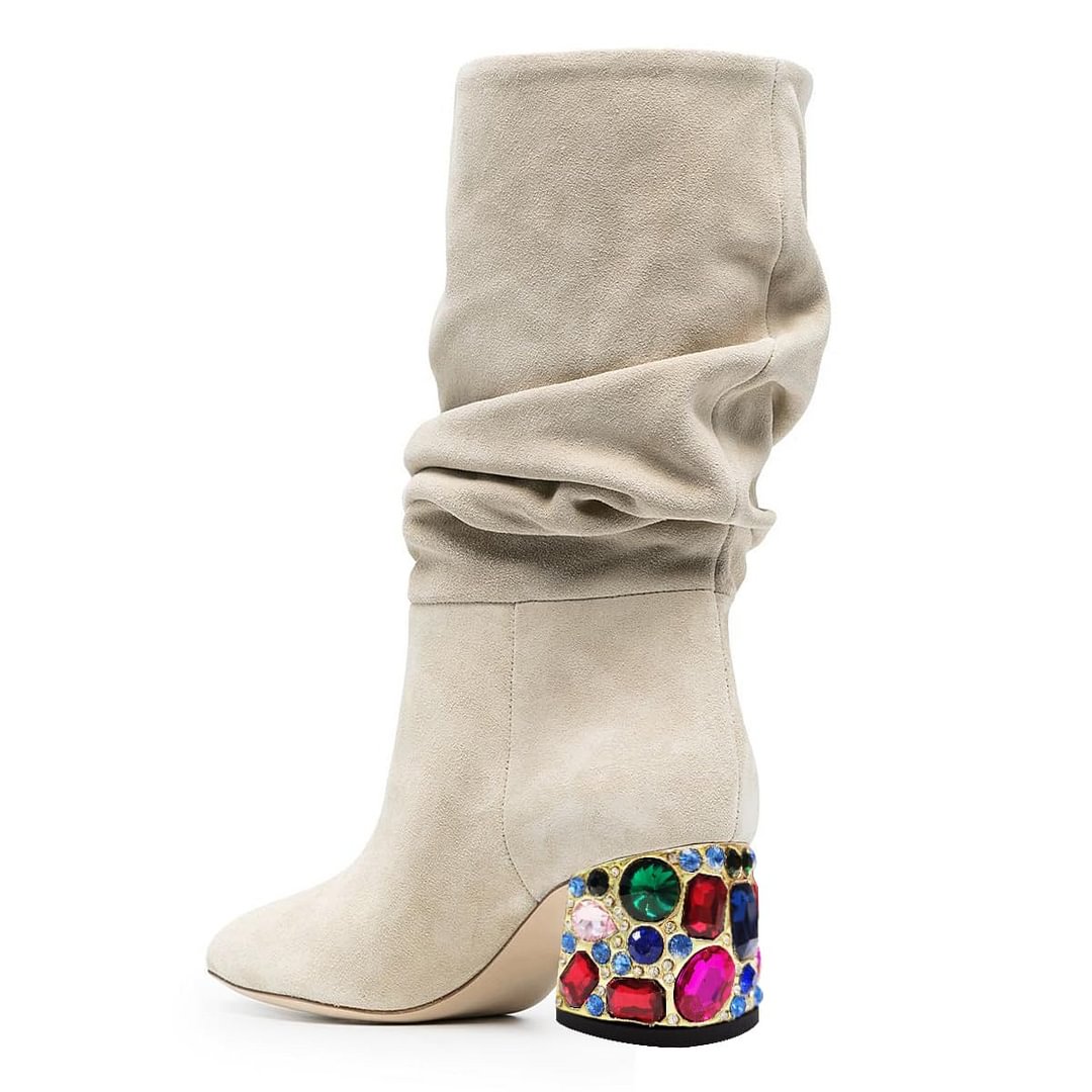 Beige Pointed Toe Mid Calf Boots with Decorative Rhinestone Block Heel