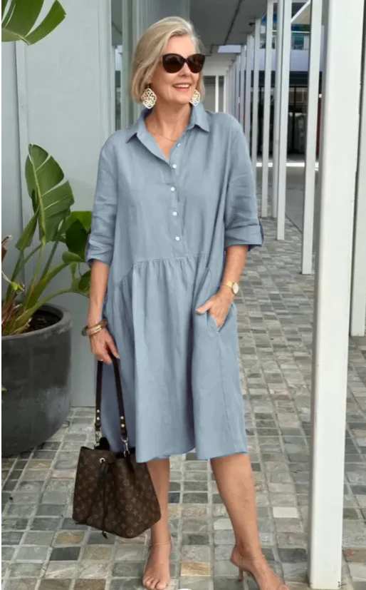 Women's Summer Casual Cotton Linen Dresses Lapel Mid Sleeve Holiday Dress