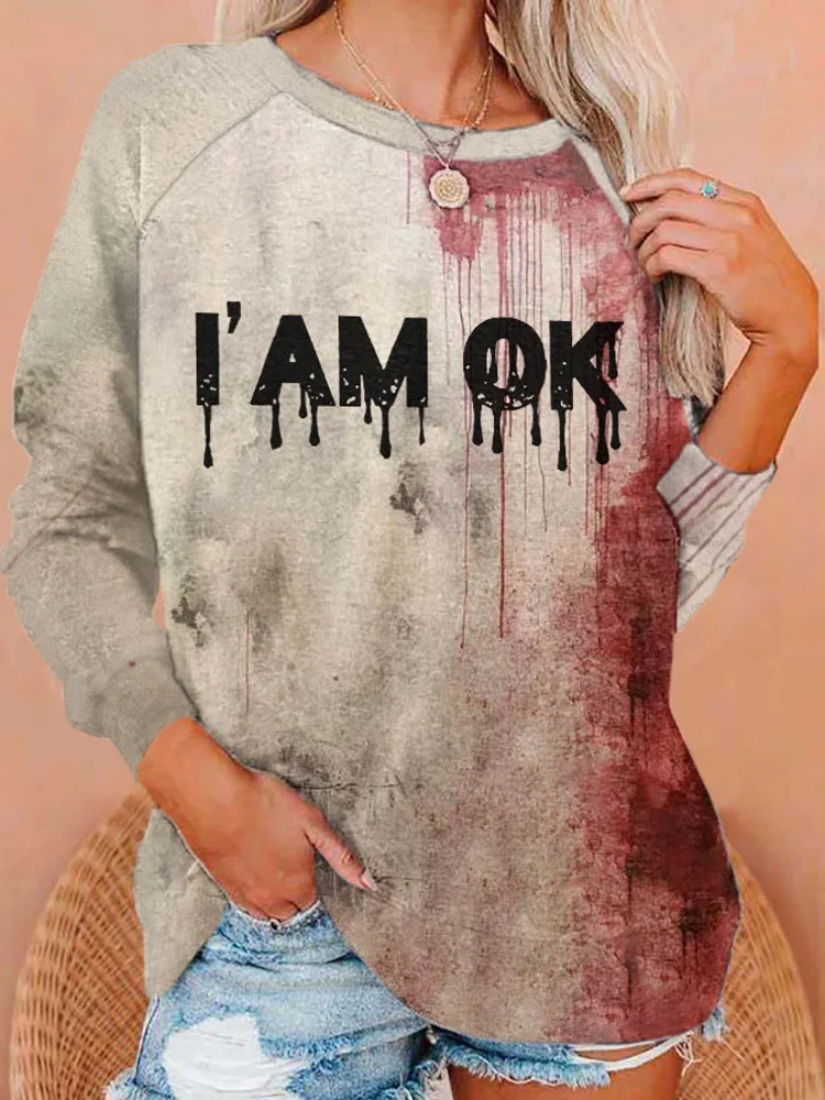Comstylish Women's Im OK Halloween Blood Splatter Printed Round Neck Long Sleeve Sweatshirt