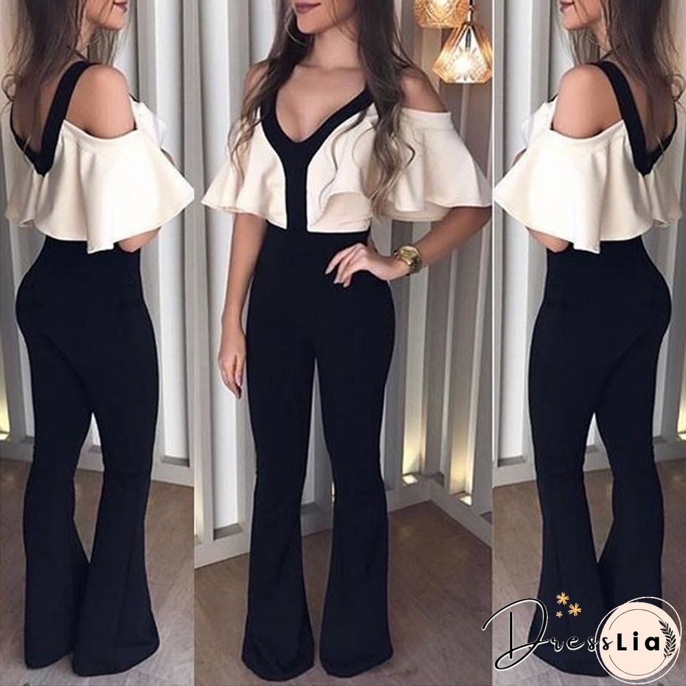 Women Hot Sell New Fashion Jumpsuits Casual V Neck Off Shoulder Short Sleeve Slim Fit Jumpsuits for Women Patchwork Jumpsuits