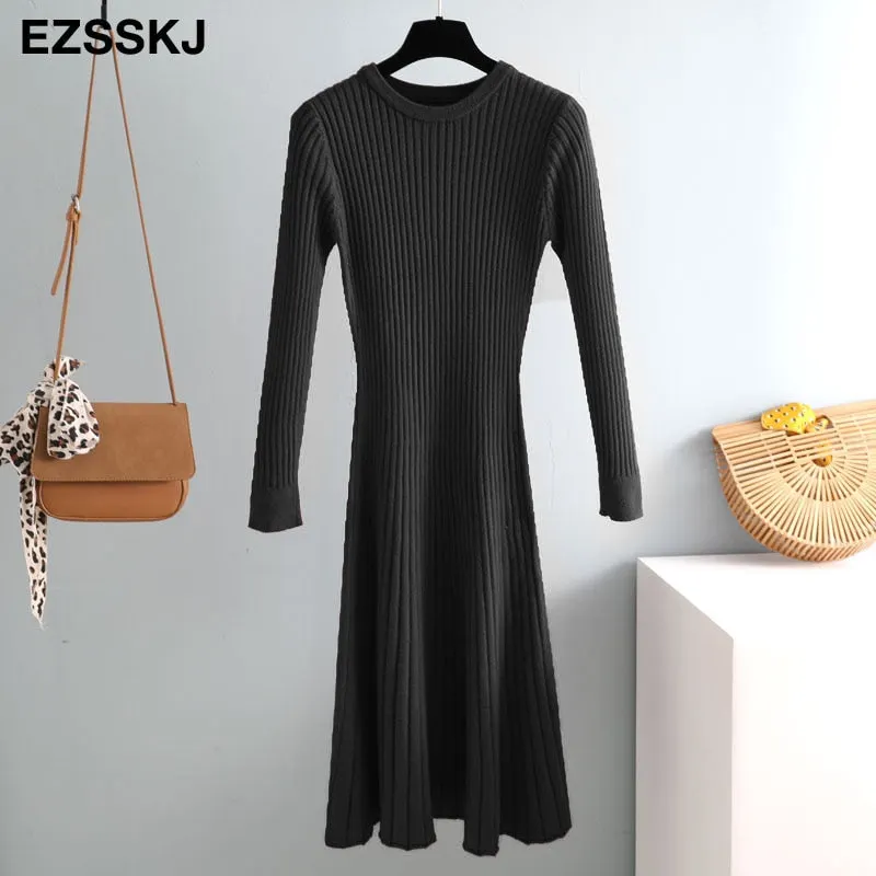 elegant Long sleeve OL O-neck long Sweater dress women Thick knit Autumn Winter dress female Slim A-line basic dress casual