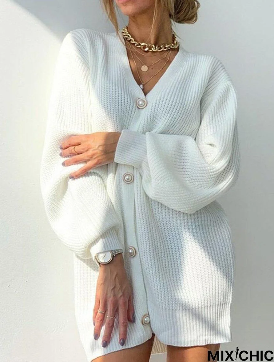 Casual Loose Solid Color Long-Sleeved Button Sweater Cardigan