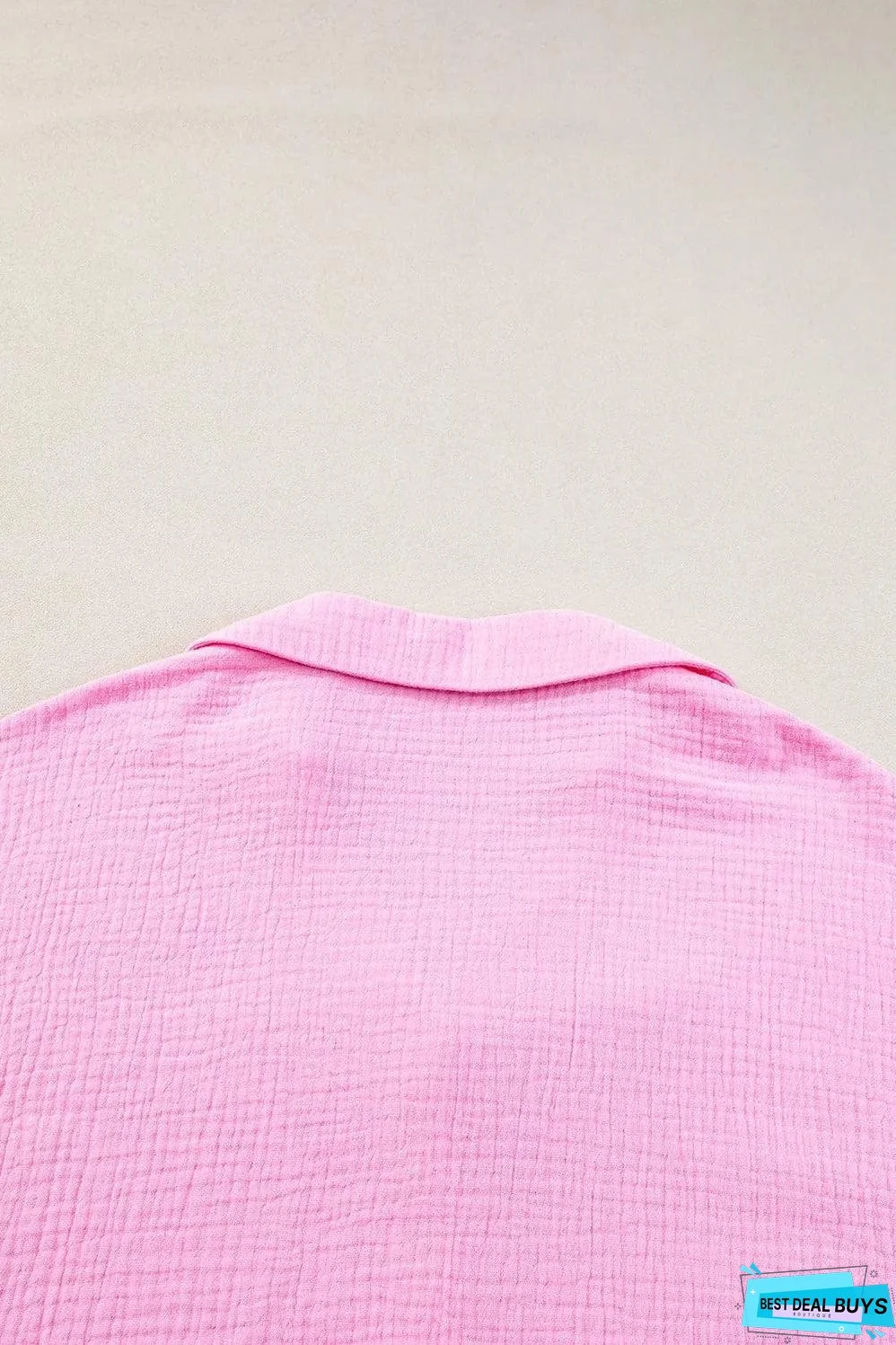 Bonbon Solid Color Puff Sleeve Crinkled Shirt